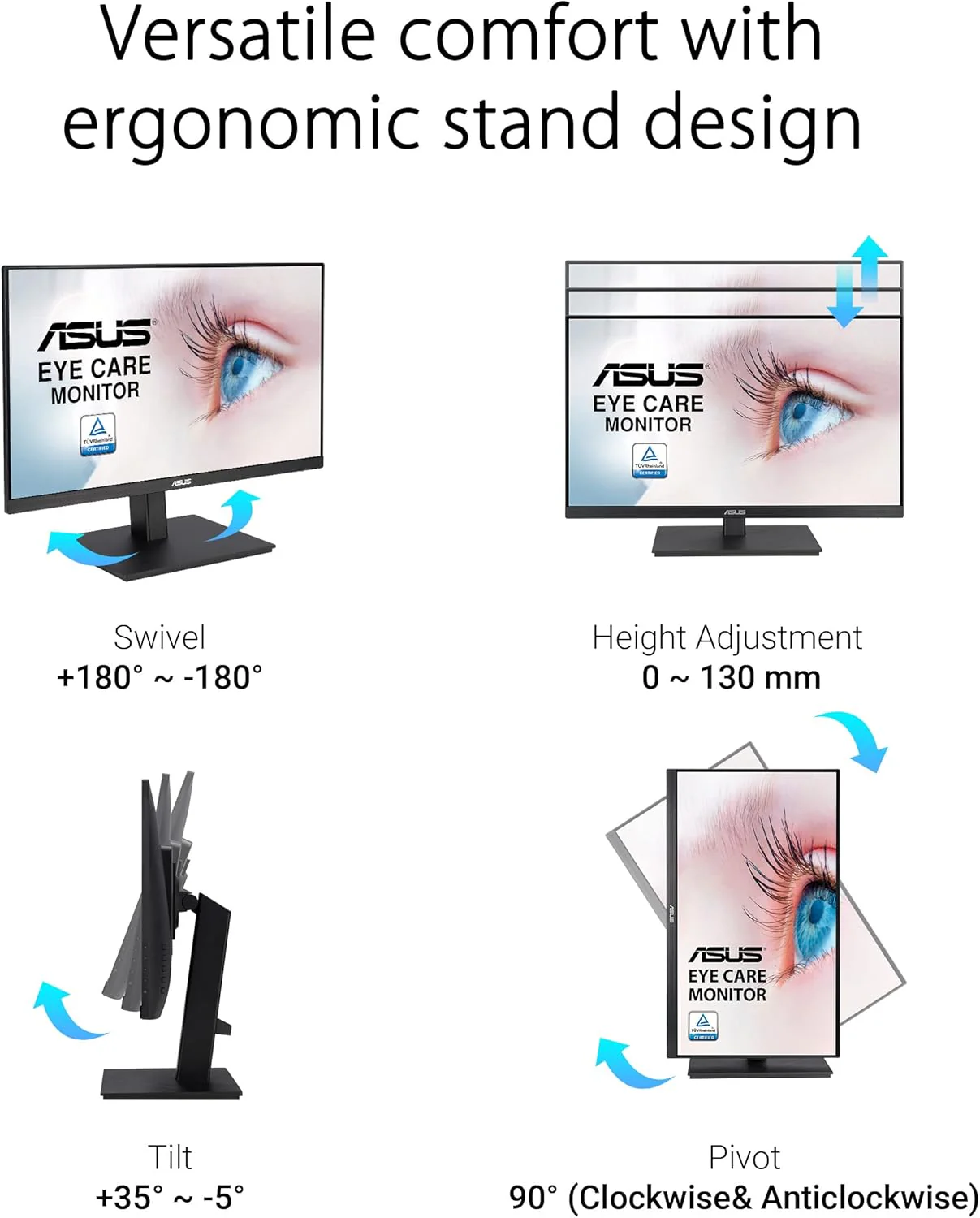 ASUS 23.8” 1080P Monitor (VA24EQSB) - Full HD, IPS, 75Hz, Built-in Speakers, Eye Care, Low Blue Light, Flicker Free, VESA Mountable, Height Adjustment, Frameless, DisplayPort, HDMI, VGA, USB Hub (Certified Refurbished) - Image 5