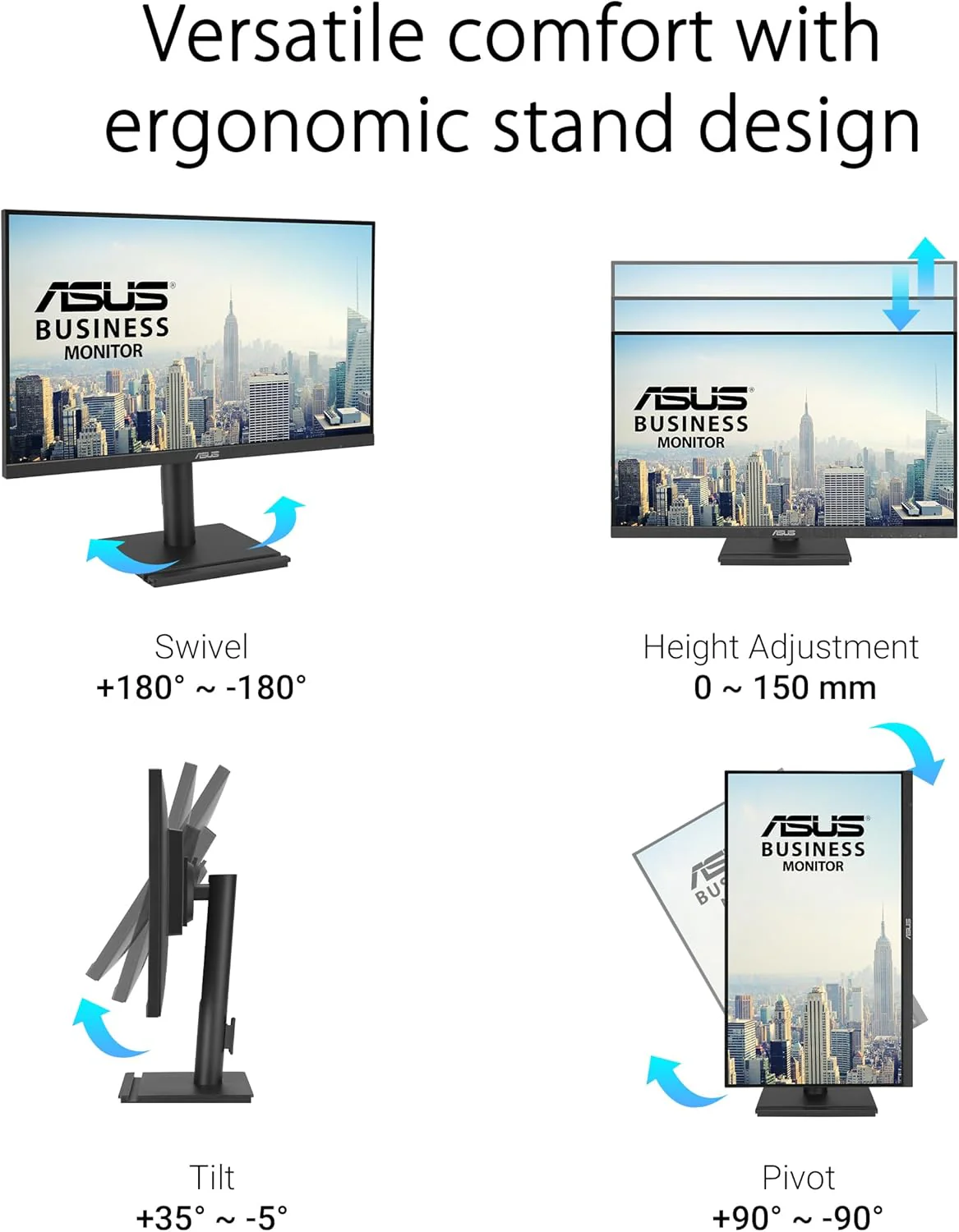 ASUS VA27DQFS Business Monitor – 27-inch, IPS, Full HD, Frameless, 100Hz, Adaptive-Sync, 1ms MPRT, HDMI, DisplayPort, VGA, Low Blue Light, Flicker Free, Ergonomic Design, Wall Mountable (Certified Refurbished) - Image 6