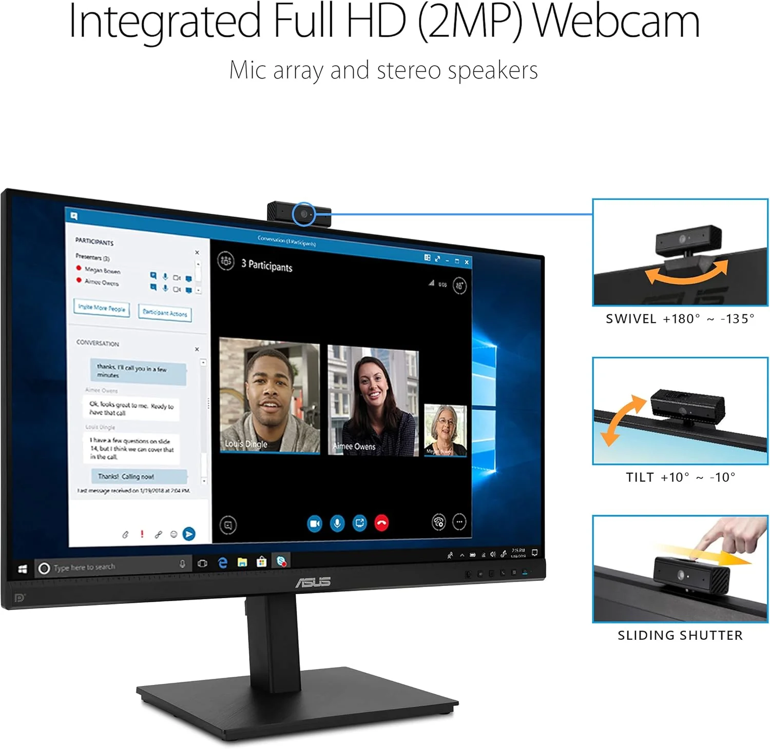 ASUS 27” 1080P Video Conference Monitor (BE279QSK) - Full HD, IPS, Built-in Adjustable 2MP Webcam, Mic Array, Speakers, Eye Care, Wall Mountable, Frameless, HDMI, DisplayPort, VGA, Height Adjustable (Certified Refurbished) - Image 9