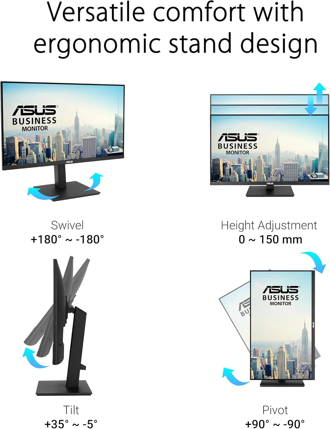 ASUS 27” 4K Business Monitor (VA27UQSB) - UHD (3840 x 2160), IPS, Frameless, HDR10, DisplayPort, Dual HDMI, Speakers, Eye Care, Ergonomic, pivot, swivel, height adjustable, DisplayWidget (Certified Refurbished) - Image 5