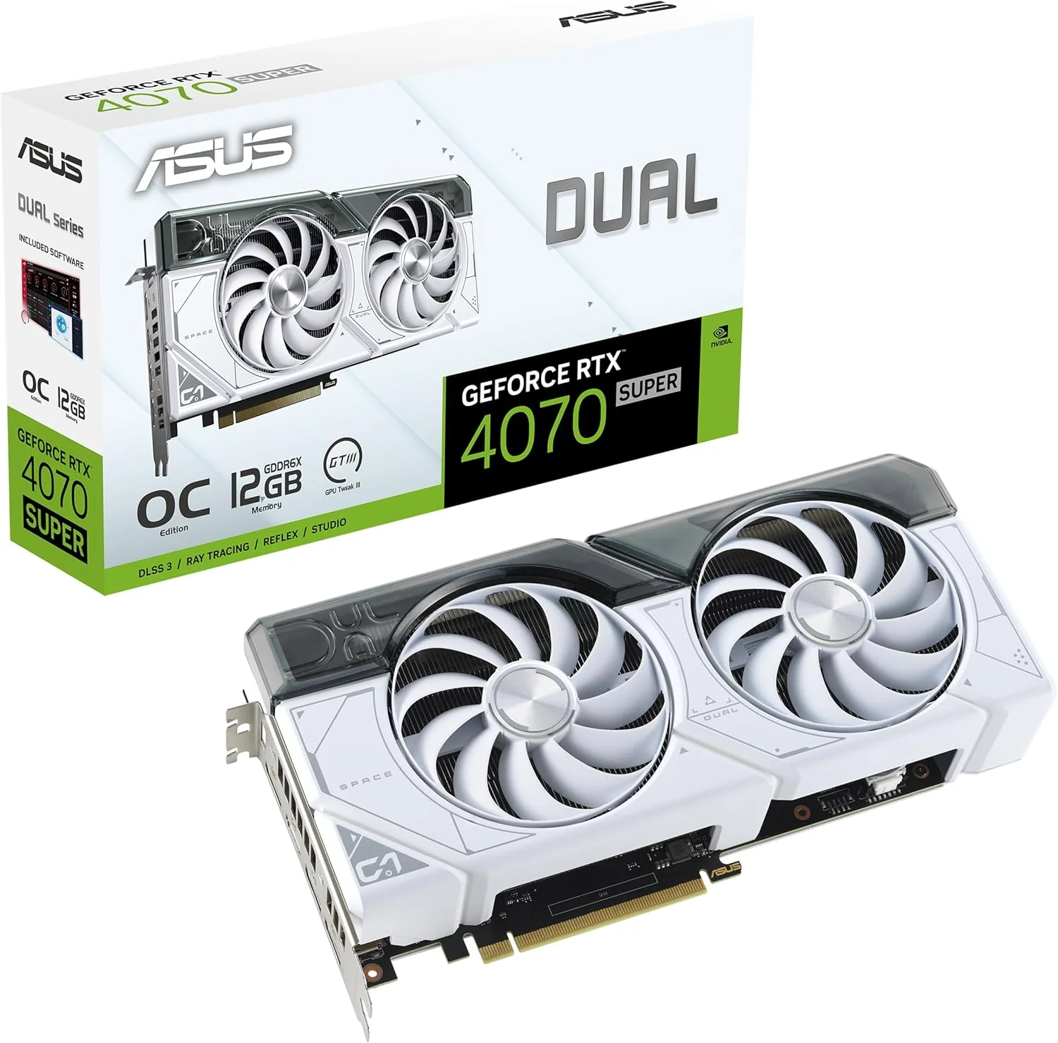 ASUS Dual GeForce RTX 4070 Super White OC Edition (PCIe 4.0, 12GB GDDR6X, DLSS 3, HDMI 2.1a, DisplayPort 1.4a, 2.56-Slot Design, Axial-tech Fan Design, Auto-Extreme Technology, and More) (Certified Refurbished) - Image 2