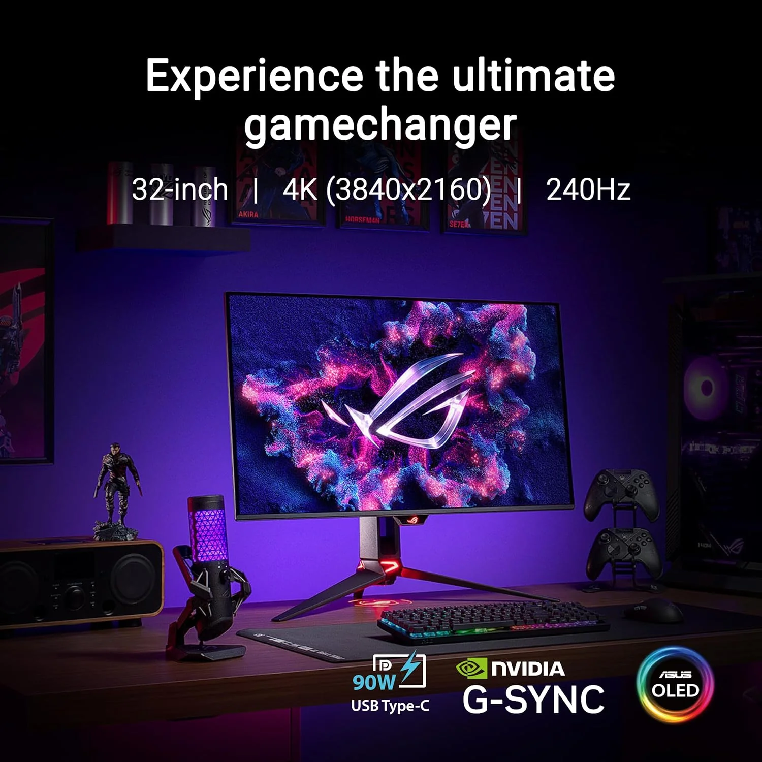 ASUS ROG Swift 32” 4K OLED Gaming Monitor (PG32UCDM) - UHD (3840 x 2160), QD-OLED, 240Hz, 0.03ms, G-SYNC Compatible, Custom Heatsink, Graphene film, 99% DCI-P3, True 10-bit, 90W USB-C (Certified Refurbished) - Image 5
