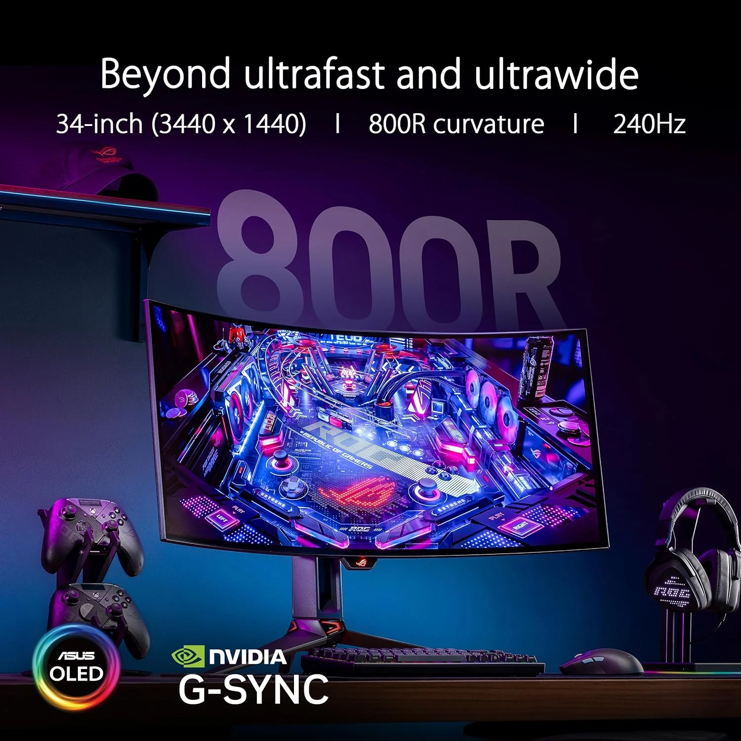 ASUS ROG Swift 34” OLED Ultrawide 800R Curved Gaming Monitor (PG34WCDM) – 21:9 (3440 x 1440), 240Hz, 0.03ms, G-SYNC Compatible, Custom Heatsink, Uniform Brightness, Smart KVM, USB-C 90W PD, 1300nits (Certified Refurbished) - Image 11