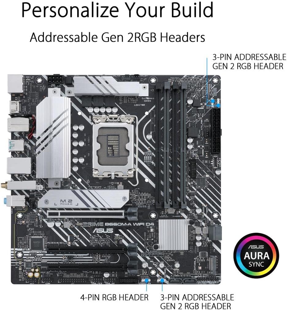 ASUS PRIME B660M-A WIFI D4 LGA 1700(Intel 12th Gen) mATX Motherboard (PCIe 4.0,Intel Wi-Fi 6,DDR4,2xM.2 slots, 1Gb LAN, DP,2 x HDMI, rear USB 3.2 Gen 2, front USB 3.2 Gen 1 Type-C, Aura Sync) (Certified Refurbished) - Image 3