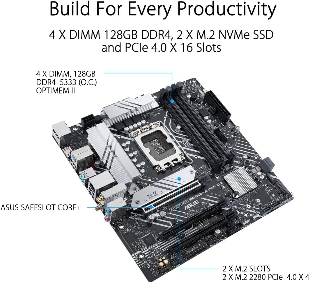 ASUS PRIME B660M-A WIFI D4 LGA 1700(Intel 12th Gen) mATX Motherboard (PCIe 4.0,Intel Wi-Fi 6,DDR4,2xM.2 slots, 1Gb LAN, DP,2 x HDMI, rear USB 3.2 Gen 2, front USB 3.2 Gen 1 Type-C, Aura Sync) (Certified Refurbished) - Image 4