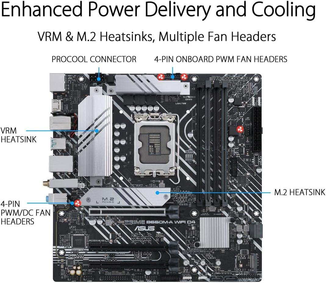 ASUS PRIME B660M-A WIFI D4 LGA 1700(Intel 12th Gen) mATX Motherboard (PCIe 4.0,Intel Wi-Fi 6,DDR4,2xM.2 slots, 1Gb LAN, DP,2 x HDMI, rear USB 3.2 Gen 2, front USB 3.2 Gen 1 Type-C, Aura Sync) (Certified Refurbished) - Image 5
