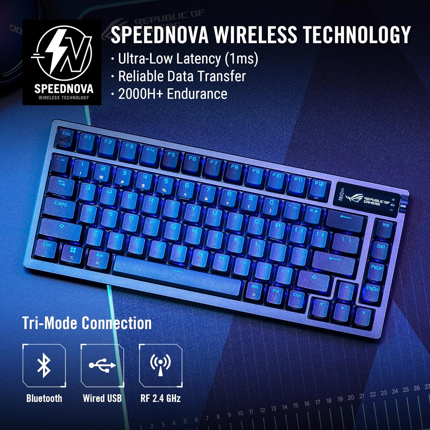 ASUS ROG Azoth 75 Wireless DIY Custom Gaming Keyboard, OLED Display, Gasket-Mount, Three-Layer Dampening, Hot-Swappable Pre-lubed ROG NX Red Switches & Keyboard Stabilizers, ABS Keycaps, RGB-Black (Certified Refurbished) - Image 4