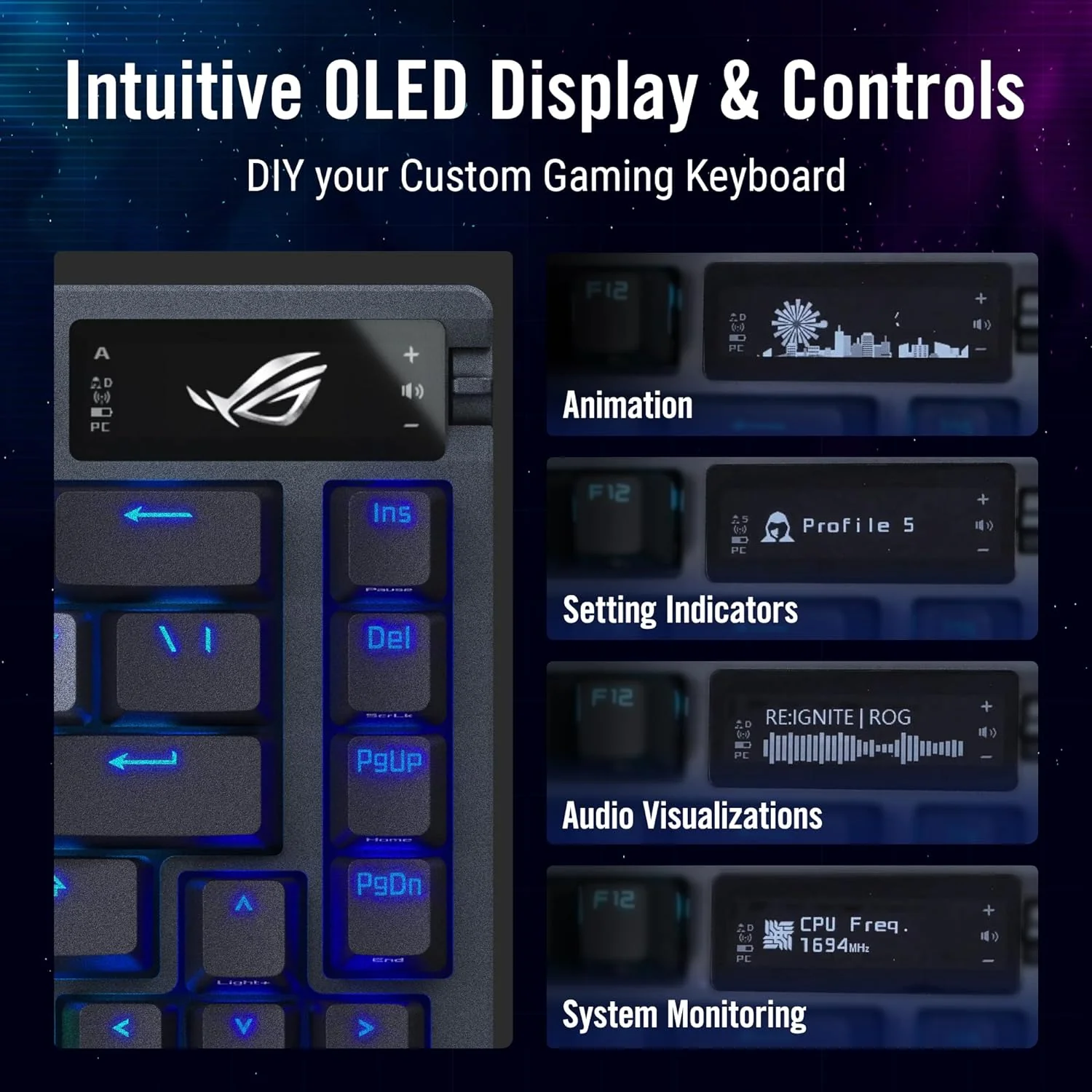 ASUS ROG Azoth 75 Wireless DIY Custom Gaming Keyboard, OLED Display, Gasket-Mount, Three-Layer Dampening, Hot-Swappable Pre-lubed ROG NX Red Switches & Keyboard Stabilizers, ABS Keycaps, RGB-Black (Certified Refurbished) - Image 5
