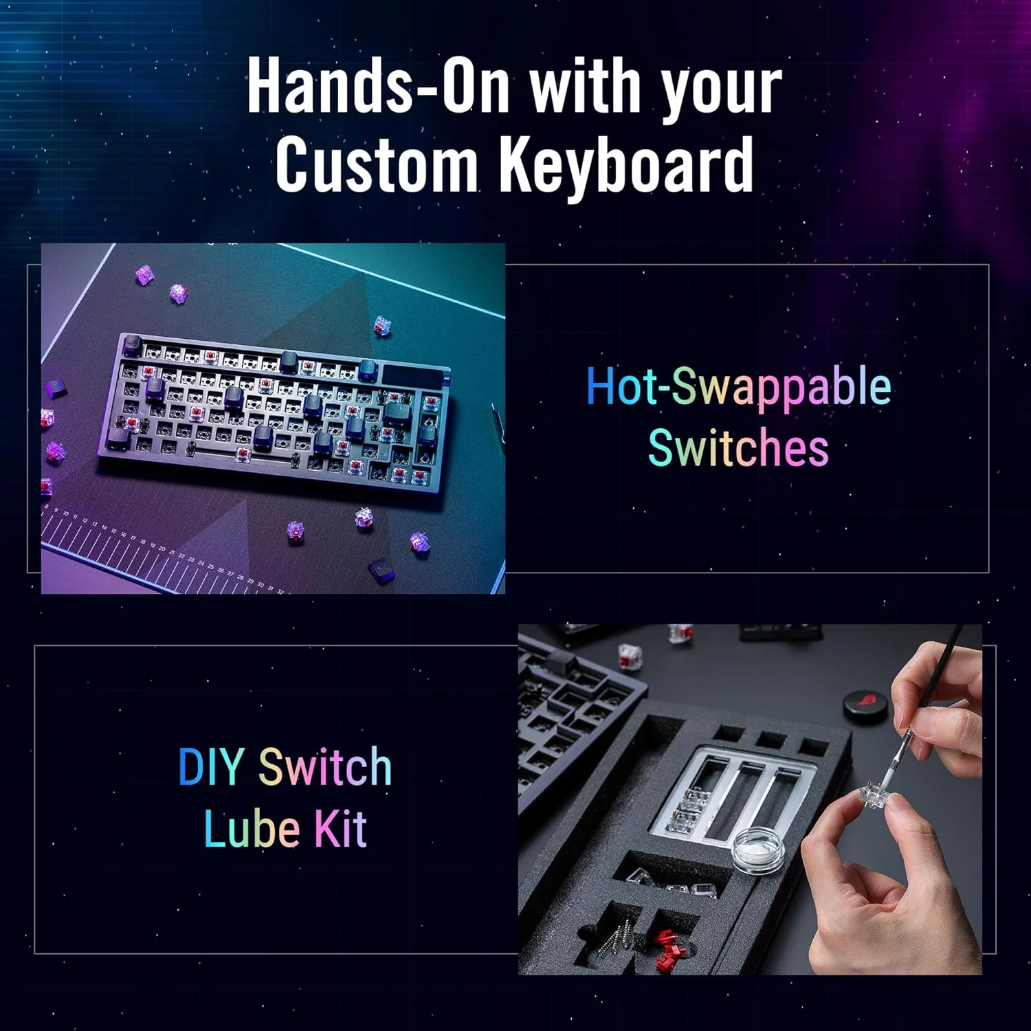 ASUS ROG Azoth 75 Wireless DIY Custom Gaming Keyboard, OLED Display, Gasket-Mount, Three-Layer Dampening, Hot-Swappable Pre-lubed ROG NX Red Switches & Keyboard Stabilizers, ABS Keycaps, RGB-Black (Certified Refurbished) - Image 8