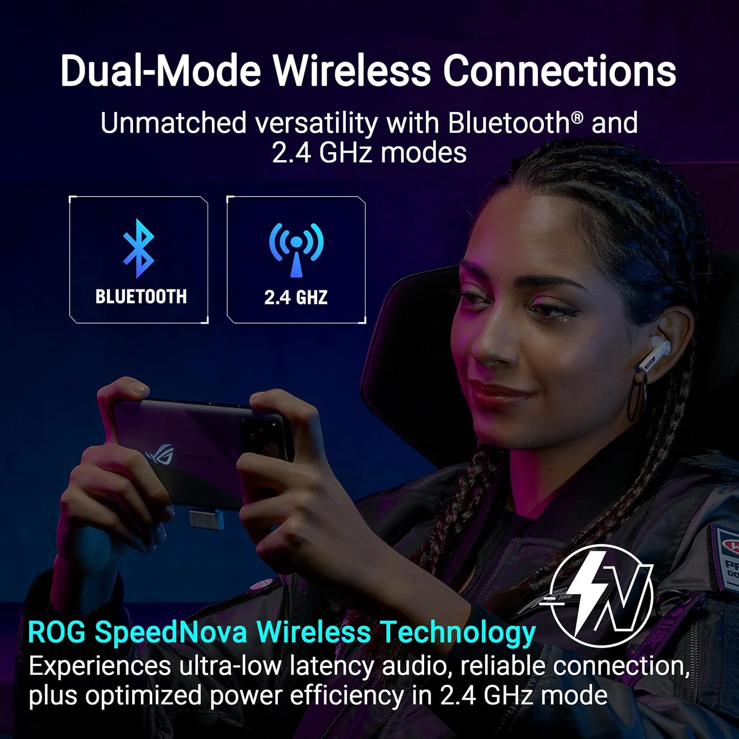 ASUS ROG Cetra True Wireless Gaming Headphones (2.4 GHz & Bluetooth 5.3, ROG SpeedNova, 24-bit 96 kHz Audio, Dirac Opteo, Bone-Conduction AI Microphones, Adaptive ANC, 46-Hour Battery Life) (Certified Refurbished) - Image 9
