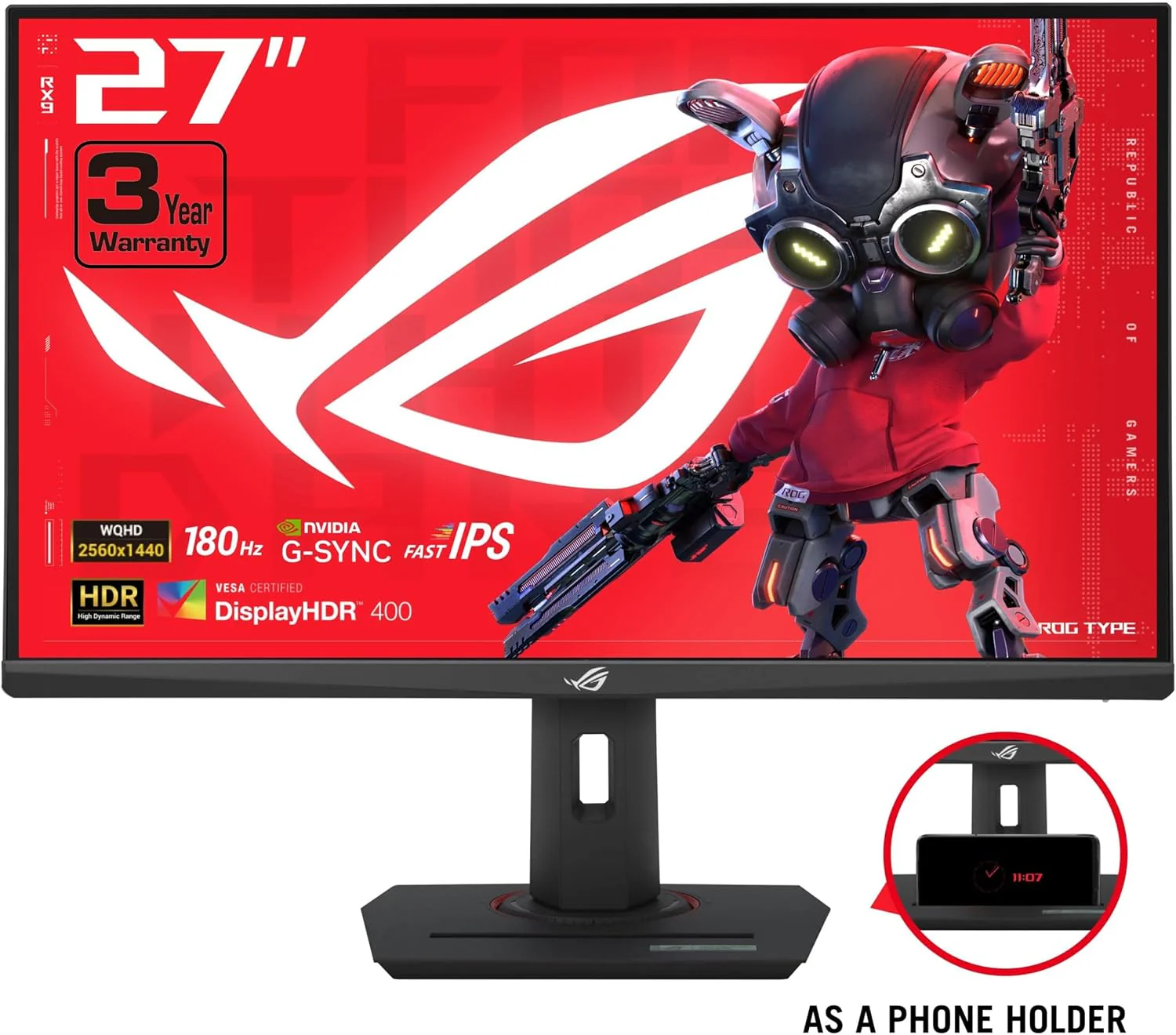 ASUS ROG Strix 27” QHD HDR400 USB-C Gaming Monitor(XG27ACS)-2560x1440, 180Hz, 1ms, Fast IPS, 133% sRGB, Extreme Low Motion Blur Sync, G-Sync Compatible, DisplayWidget, Tripod Socket (Certified Refurbished) - Image 2