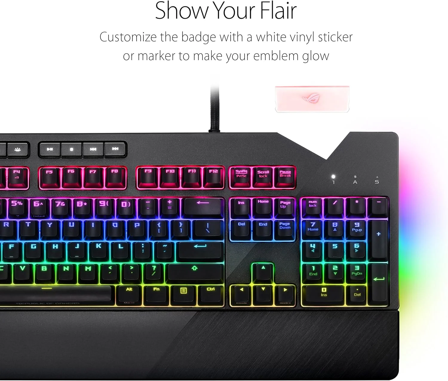ASUS ROG Strix Flare (Cherry MX Red) Aura Sync RGB Mechanical Gaming Keyboard with Switches, Customizable Badge, USB Pass Through and Media Controls (Certified Refurbished) - Image 3