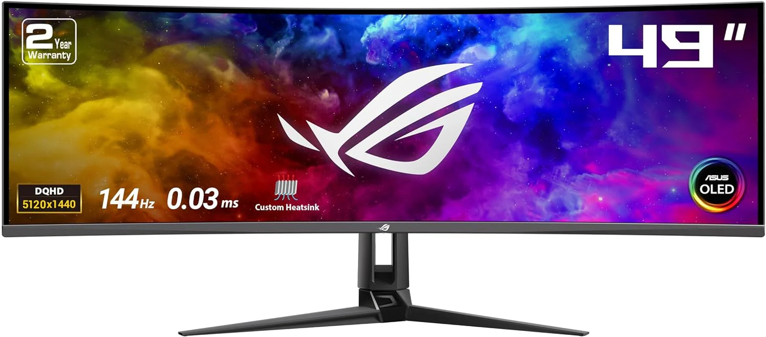 ASUS ROG Swift 49” Curved QD-OLED Gaming Monitor (PG49WCD) - Dual QHD 32:9 (5120x1440), 144Hz, 0.03ms, G-SYNC Compatible, Custom Heatsink, Uniform Brightness, Smart KVM, 90W USB-C PD, DisplayHDR 400 (Certified Refurbished)