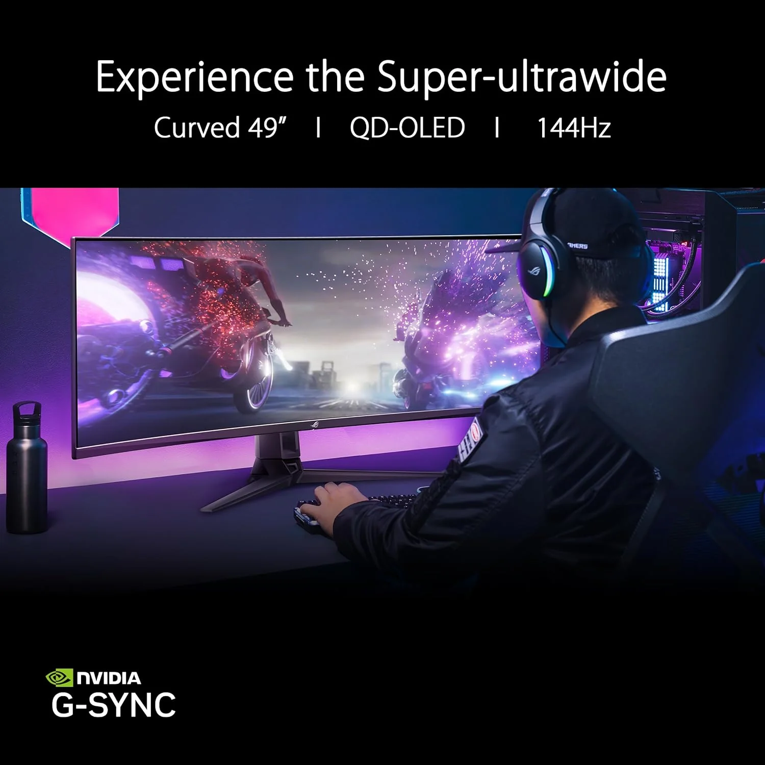 ASUS ROG Swift 49” Curved QD-OLED Gaming Monitor (PG49WCD) - Dual QHD 32:9 (5120x1440), 144Hz, 0.03ms, G-SYNC Compatible, Custom Heatsink, Uniform Brightness, Smart KVM, 90W USB-C PD, DisplayHDR 400 (Certified Refurbished) - Image 2