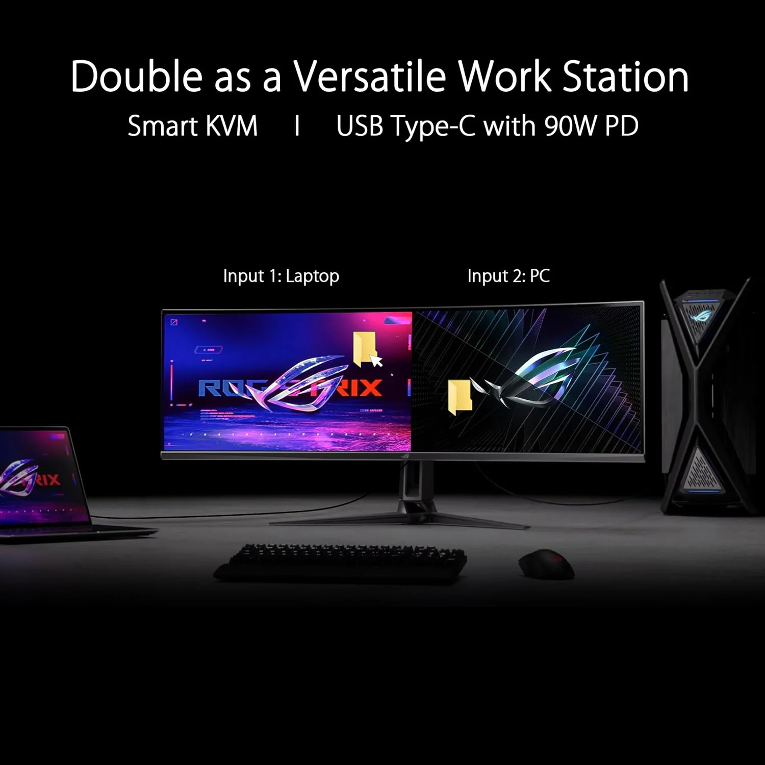 ASUS ROG Swift 49” Curved QD-OLED Gaming Monitor (PG49WCD) - Dual QHD 32:9 (5120x1440), 144Hz, 0.03ms, G-SYNC Compatible, Custom Heatsink, Uniform Brightness, Smart KVM, 90W USB-C PD, DisplayHDR 400 (Certified Refurbished) - Image 6