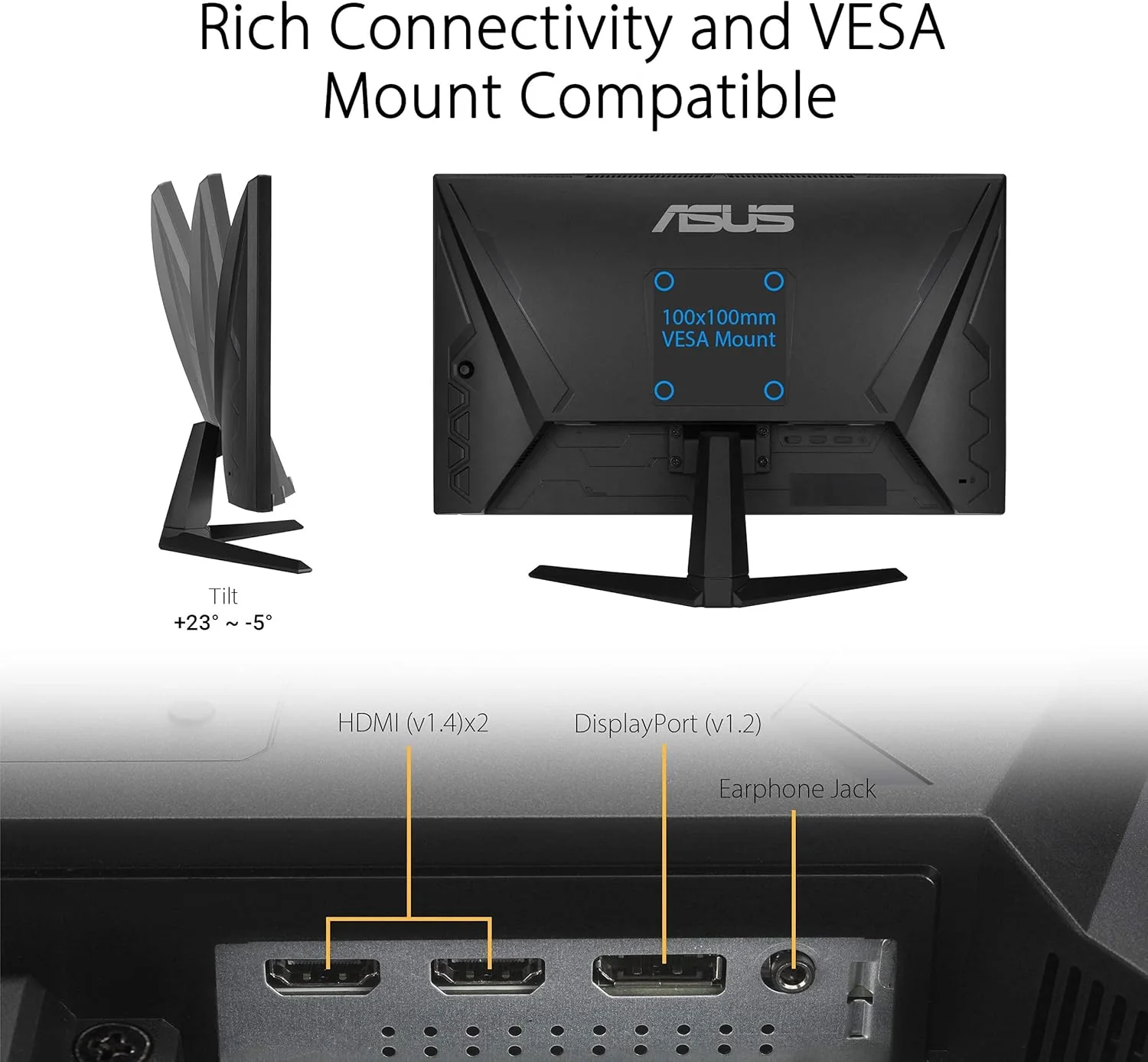 ASUS TUF Gaming 23.8” 1080P Monitor (VG249Q1A) - Full HD, IPS, 165Hz (Supports 144Hz), 1ms, Extreme Low Motion Blur, Speaker, FreeSync Premium, Shadow Boost, VESA Mountable, DisplayPort, HDMI (Certified Refurbished) - Image 5