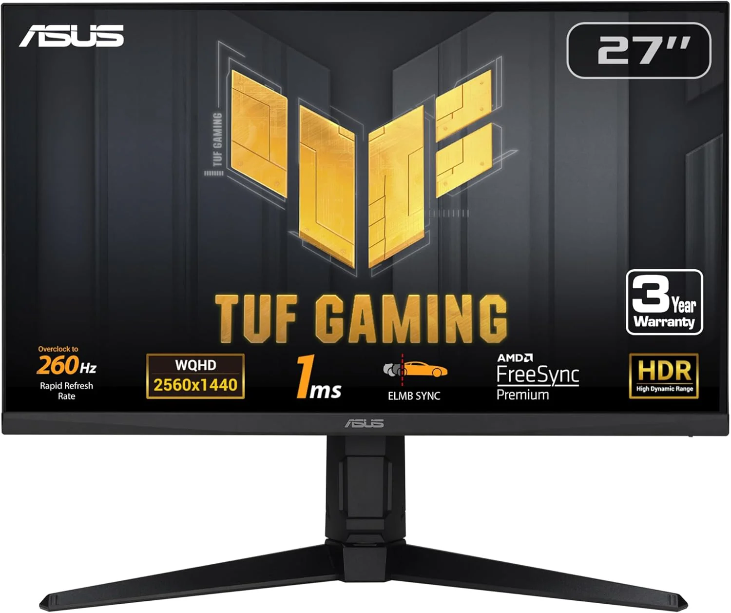 ASUS TUF Gaming 27” 1440P Gaming Monitor (VG27AQML1A) - QHD (2560 x 1440), 260Hz, 1ms, Fast IPS, Extreme Low Motion Blur Sync, G-SYNC Compatible, Freesync Premium (Certified Refurbished)
