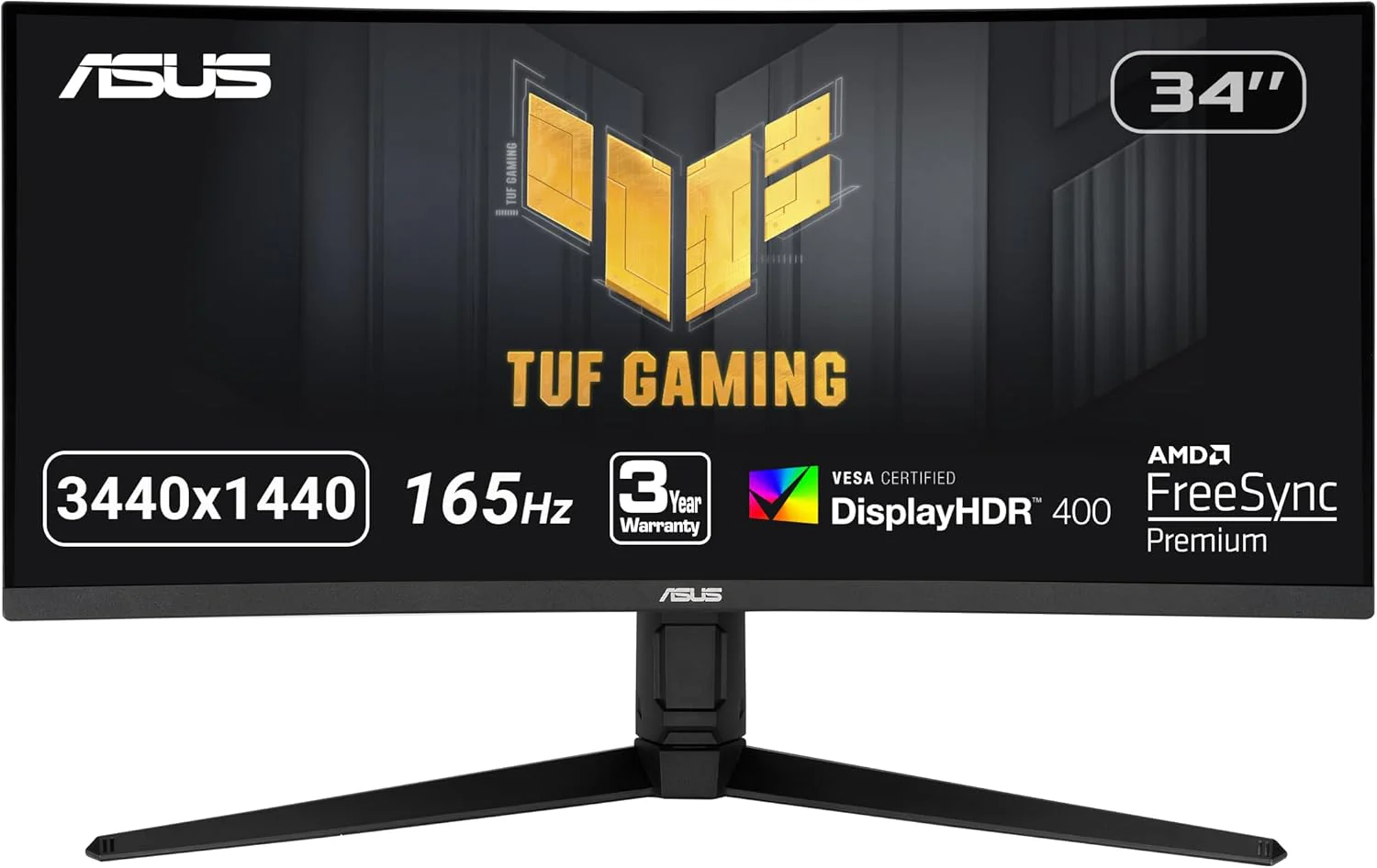Asus TUF Gaming 34-inch VG34VQL1B Monitor, Curved, WQHD (3440x1440), 165Hz, Extreme Low Motion Blur, FreeSync Premium, Eye Care, DisplayPort HDMI USB, Height Adjustable (Certified Refurbished)