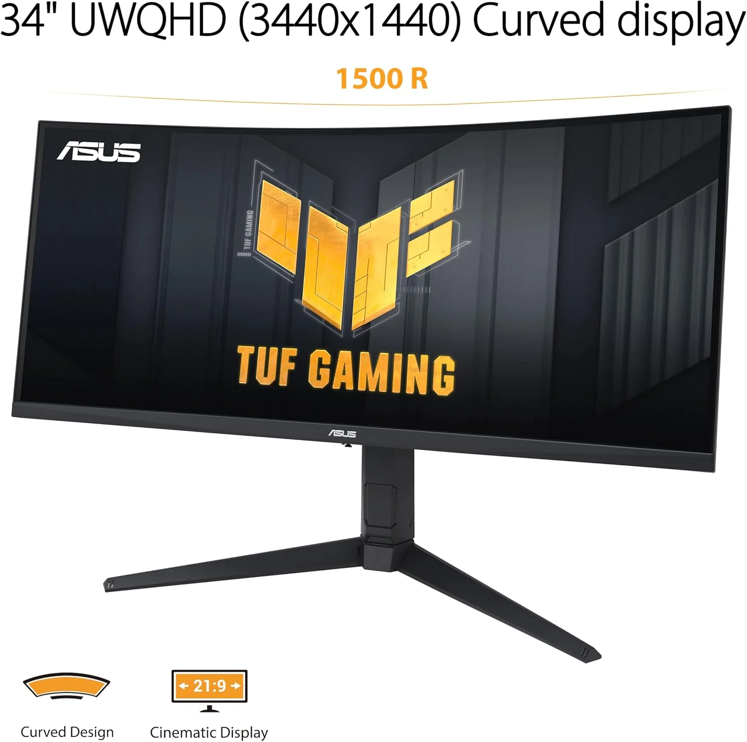 ASUS TUF Gaming 34” Ultra-Wide Curved HDR Monitor (VG34VQEL1A) - 21:9, UWQHD (3440 x 1440), 100Hz, Extreme Low Motion Blur, FreeSync, 1ms, DisplayPort, HDMI, USB, Tripod Socket, Height Adjustable (Certified Refurbished) - Image 2