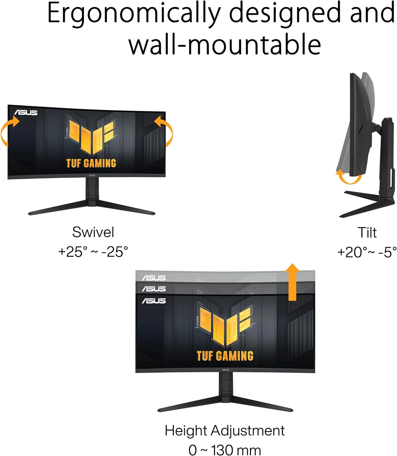 ASUS TUF Gaming 34” Ultra-Wide Curved HDR Monitor (VG34VQEL1A) - 21:9, UWQHD (3440 x 1440), 100Hz, Extreme Low Motion Blur, FreeSync, 1ms, DisplayPort, HDMI, USB, Tripod Socket, Height Adjustable (Certified Refurbished) - Image 7