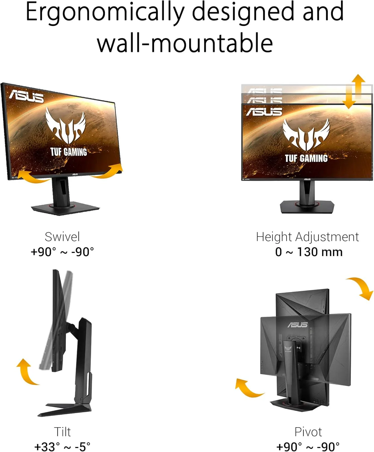 ASUS TUF Gaming VG259QR 24.5” Gaming Monitor, 1080P Full HD, 165Hz (Supports 144Hz), 1ms, Extreme Low Motion Blur, G-SYNC Compatible Ready, Eye Care, DisplayPort HDMI, Shadow Boost, Height Adjustable (Certified Refubished) - Image 4