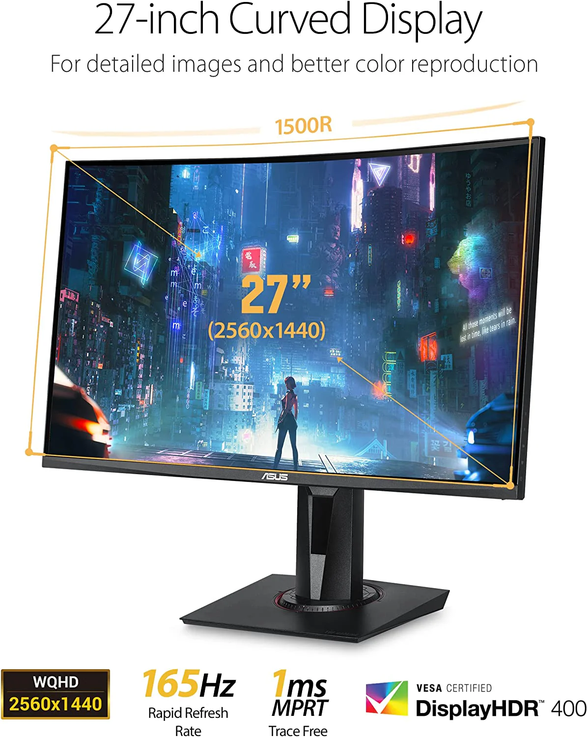 Asus TUF Gaming VG27WQ Curved Gaming Monitor – 27 inch QHD (2560x1440), 165Hz (above 144Hz), Extreme Low Motion Blur™, Adaptive-sync, Freesync™ Premium,1ms (MPRT), DisplayHDR™ 400 (Certified Refurbished) - Image 2