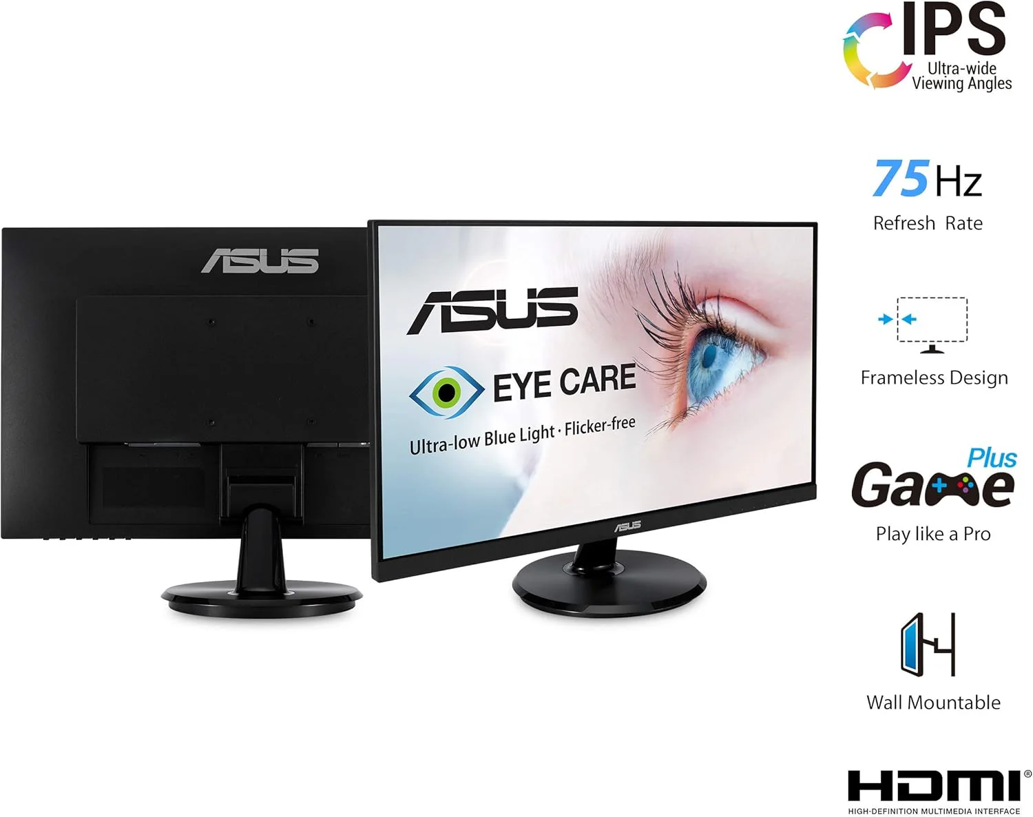 ASUS VA24DQ 23.8” Monitor, 1080P Full HD, 75Hz, IPS, Adaptive-Sync/FreeSync, Eye Care, HDMI DisplayPort VGA, Frameless, VESA Wall Mountable (Certified Refurbished) - Image 7