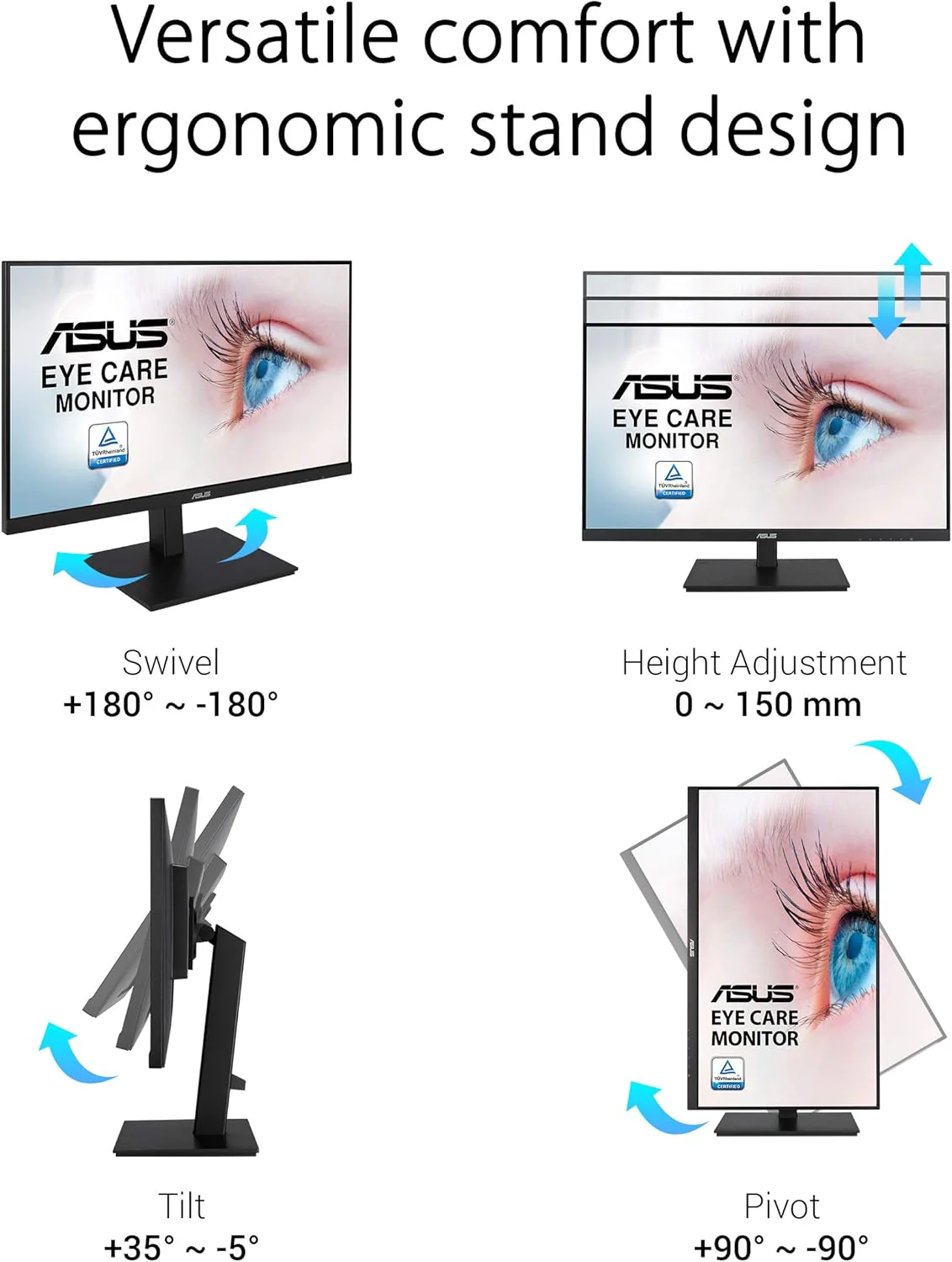 ASUS VA27DQSB Eye Care Monitor – 27 inch, FHD (Full HD 1920 x 1080), IPS, Frameless, 75Hz, Adaptive-Sync, DisplayPort, HDMI, Eye Care, Low Blue Light, Flicker Free, Wall Mountable (Certified Refurbished) - Image 4