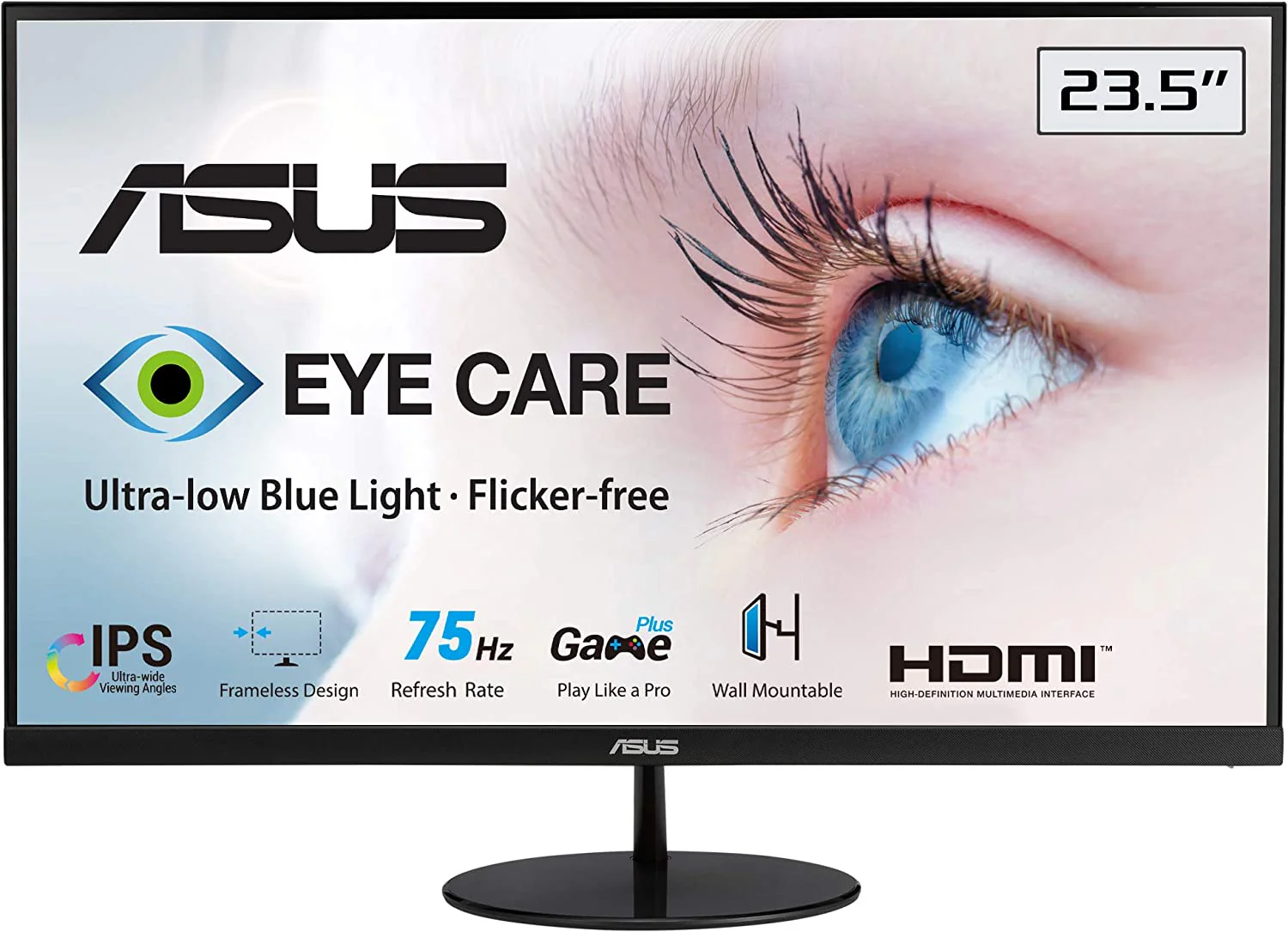 Asus VL249HE Eye Care Monitor – 23.8-inch, IPS, 75Hz, Adaptive-Sync/FreeSync, Frameless, Slim, Wall Mountable, Flicker Free, Blue Light Filter (Certified Refurbished) - Image 2