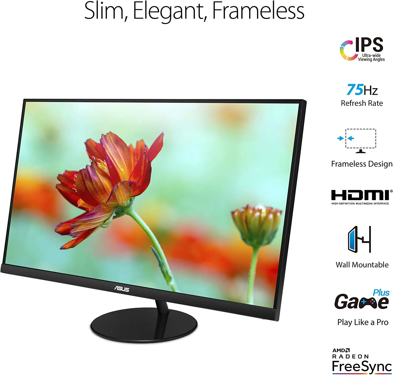 Asus VL279HE Eye Care Monitor – 27-inch, IPS, 75Hz, Adaptive-Sync/FreeSync™, Frameless, Slim, Wall Mountable, Flicker Free, Blue Light Filter (Certified Refurbished) - Image 2