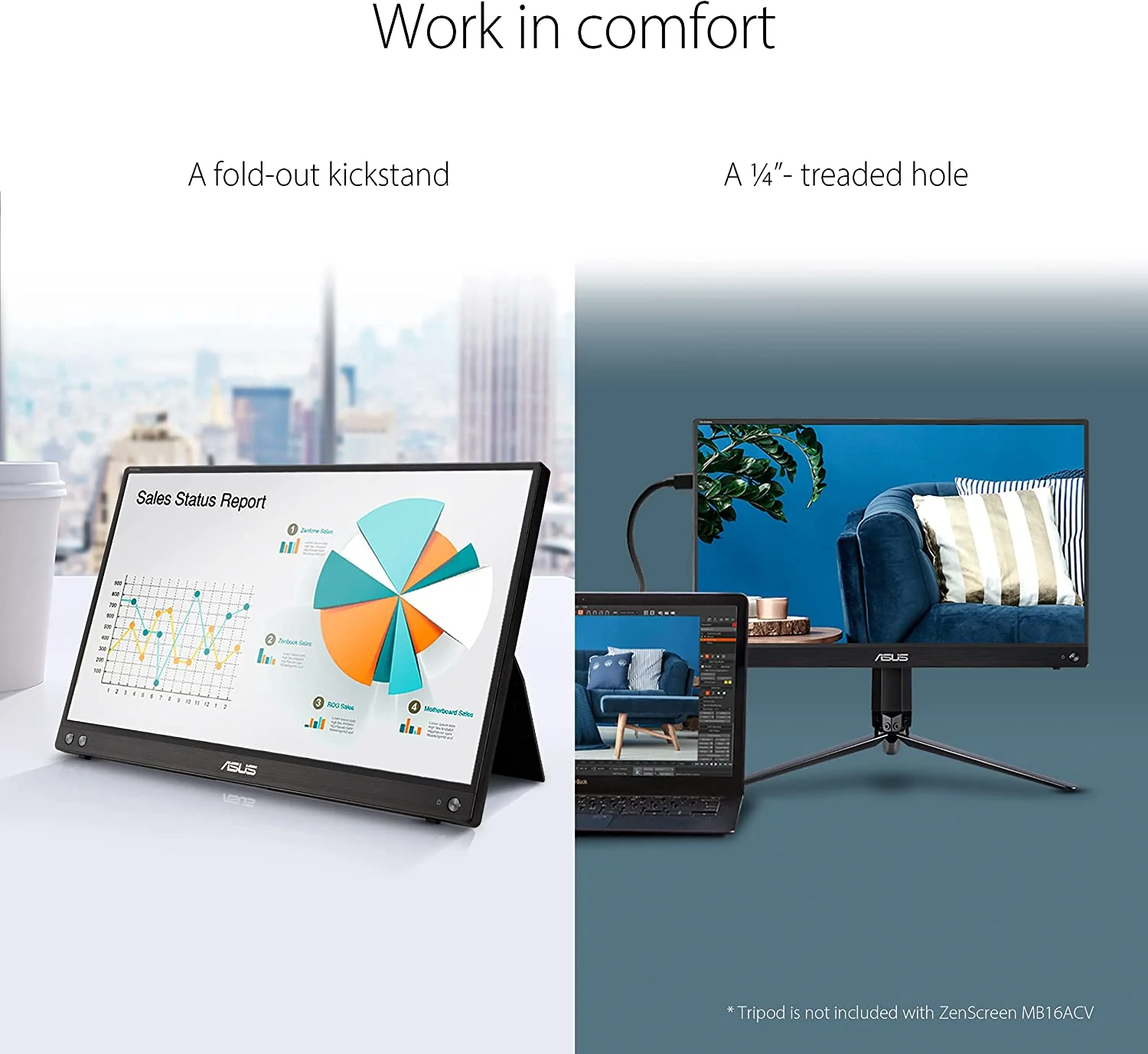 ASUS ZenScreen MB16ACV Portable USB Monitor- 16 inch (15.6 inch viewable) Full HD, IPS, Hybrid Signal Solution, USB Type-C, Flicker Free, Blue Light Filter, Anti-glare surface, Antibacterial treatment (Certified Refurbished) - Image 6