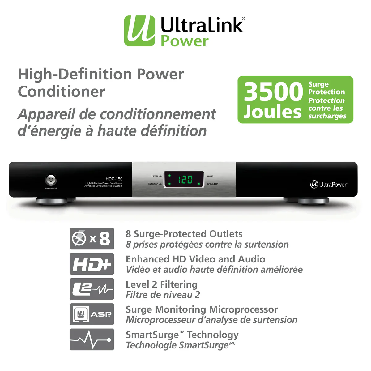 Ultralink 8 Outlet Power Conditioner With 15 Amp Circuit Breaker (HDC150RM) - Image 2