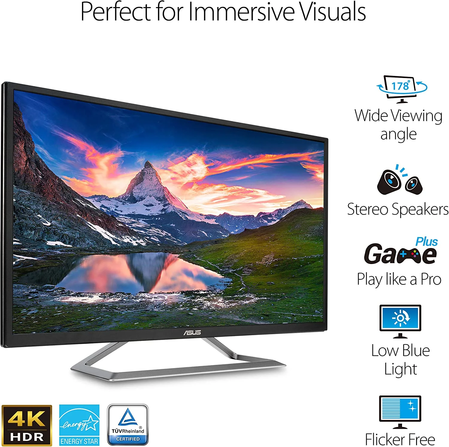 ASUS VA32UQ 32" (Actual size 31.5") Eye Care Monitor, 3840 x 2160 4K UHD, HDR-10, 95% DCI-P3, Adaptive-Sync/FreeSync, Shadow Boost, Flicker Free, Blue Light Filter (Certified Refurbished) - Image 2