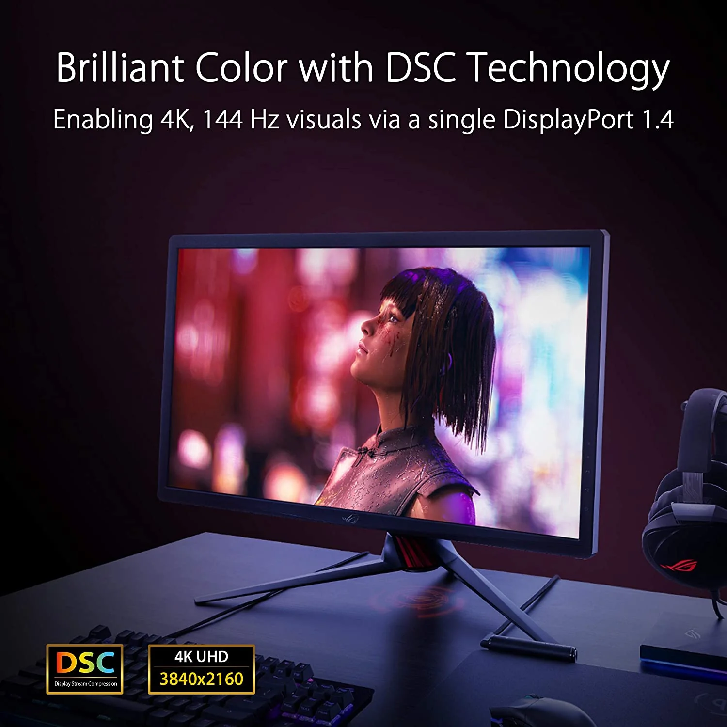 ASUS ROG Strix 27" 4K HDR DSC Gaming Monitor (XG27UQ) - UHD (3840 x 2160), IPS, 144Hz, 1ms, Adaptive-Sync, G-SYNC Compatible, DisplayHDR 400, 90% DCI-P3, Aura Sync, VESA Mountable, DisplayPort, HDMI (Certified Refurbished) - Image 2
